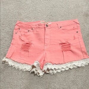 Coral Lace Trim Denim Shorts